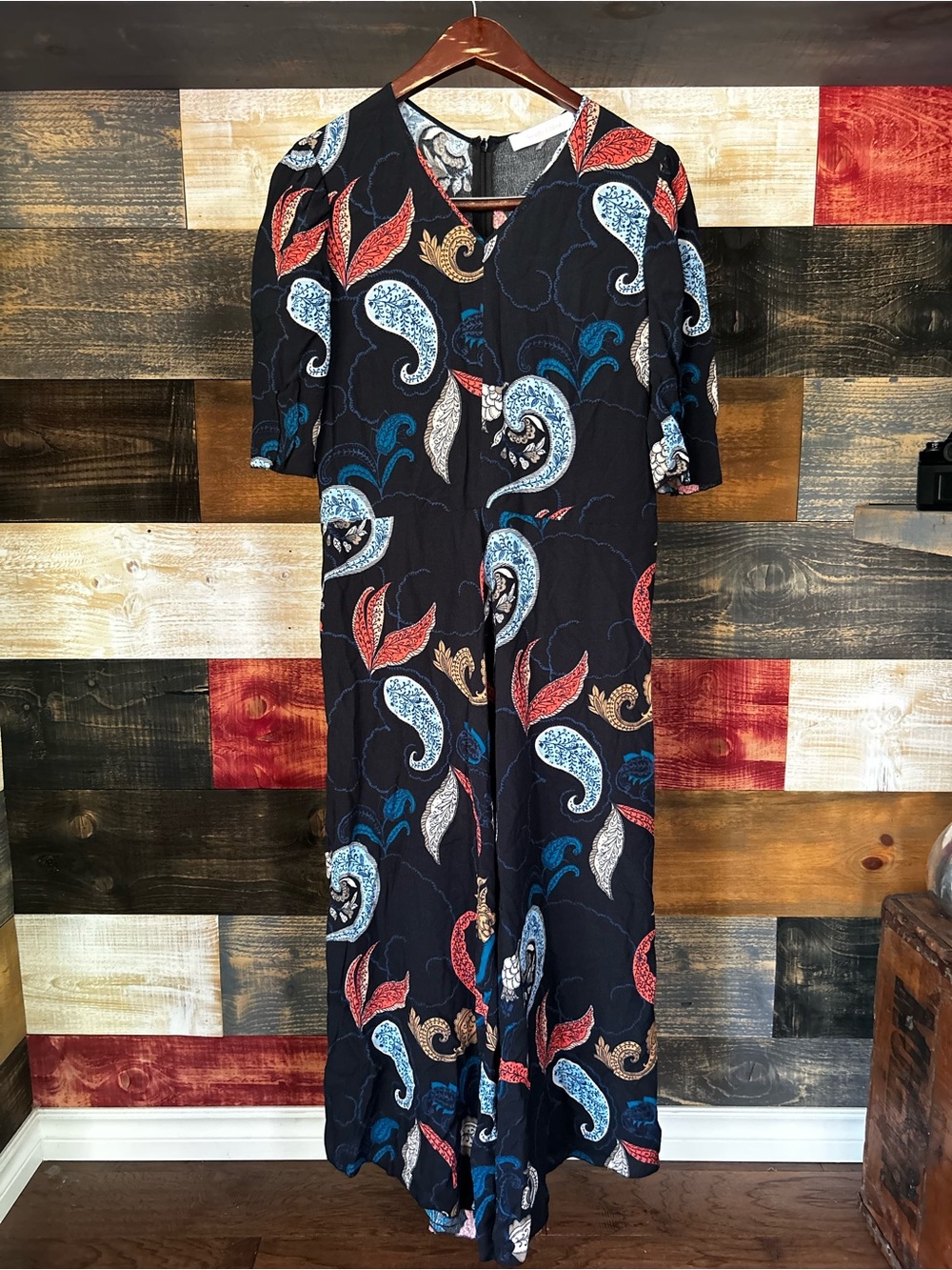 NWT See By Chloe Navy Paisley V-Neck maxi dress with Red & Light Blue Motifs 40